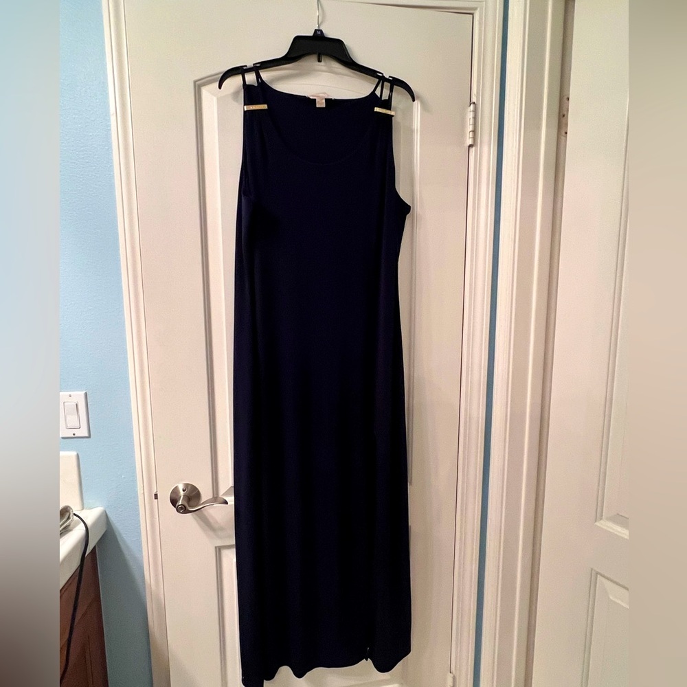 Dark blue straight long maxi dress with gold accents